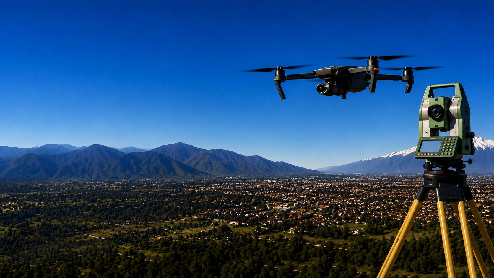 Dron en vuelo y estación total sobre un valle durante un levantamiento topográfico