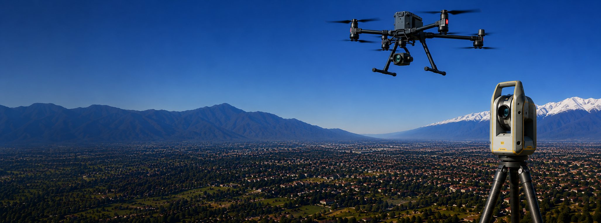 Dron en vuelo y estación total sobre un valle durante un levantamiento topográfico
